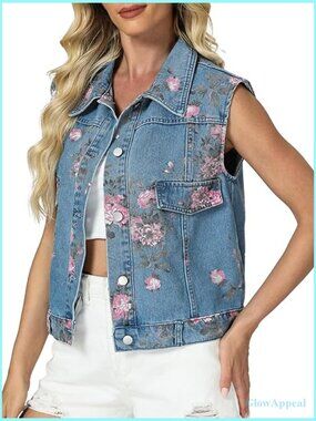 Sleeveless Floral Printed Denim Vest Cropped Jean Jacket Vest
